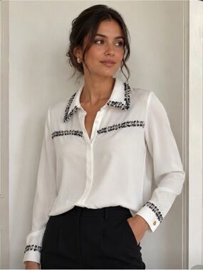 Zara White Button-Front Blouse with Black & Silver Trim